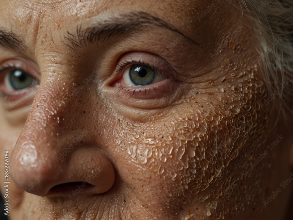Elderly Woman's Damaged Face Skin Close-Up View Emphasizing Exfoliation and Dry Skin Issues in Skincare Elderly Woman's Damaged Face Skin Close-Up View Emphasizing Exfoliation and Dry Skin Issues in Skincare