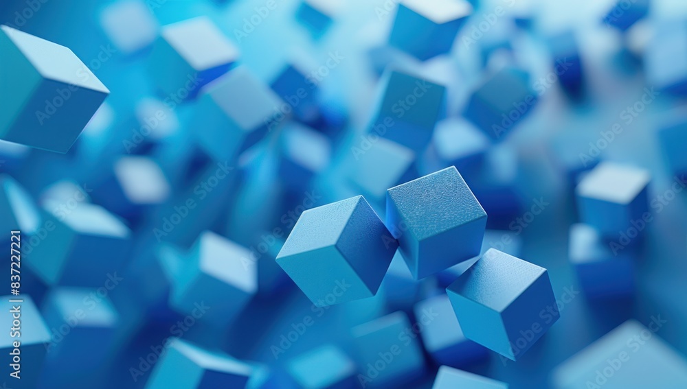 A group of blue cubes floating in the air on a light blue background. A group of blue cubes floating in the air on a light blue background.