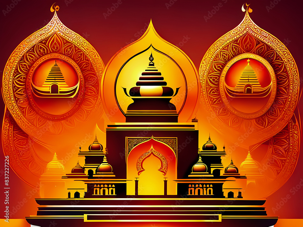 Naklejka premium illustration of an temple, hindu festival decorations abstract background, graphic design wallpaper