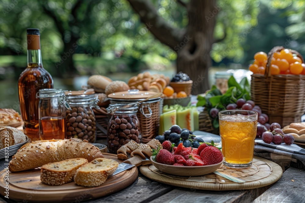 Wicker picnic basket with fruits and juice on white checkered tablecloth on green grass outside in summer park. Advertising photo, summer day concept Wicker picnic basket with fruits and juice on white checkered tablecloth on green grass outside in summer park. Advertising photo, summer day concept