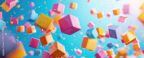 Colorful cubes flying on a blue background, abstract geometric shapes.