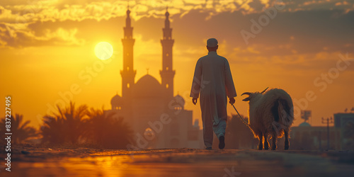 Islamic Eid Adha Scene: Man in Traditional Attire Leading Goats to Mosque for Qurban Ritual in Sunset, Beautiful Background