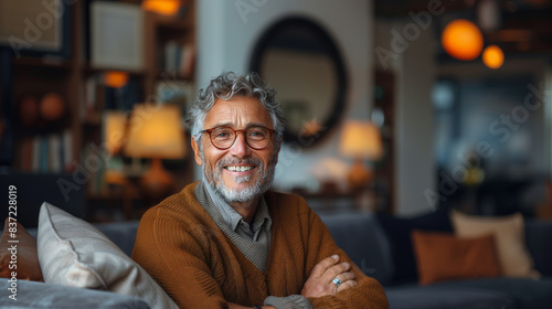 A handsome senior (mature) man with gray hair smiles at the camera. Happy and confident