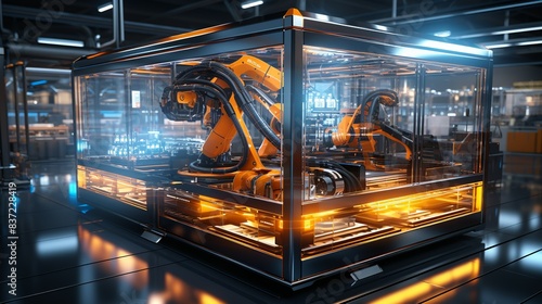 A futuristic representation of a smart factory with robotic arms  automated assembly lines  and digital controls  showcasing the innovation and efficiency brought by advanced technology. Minimal and