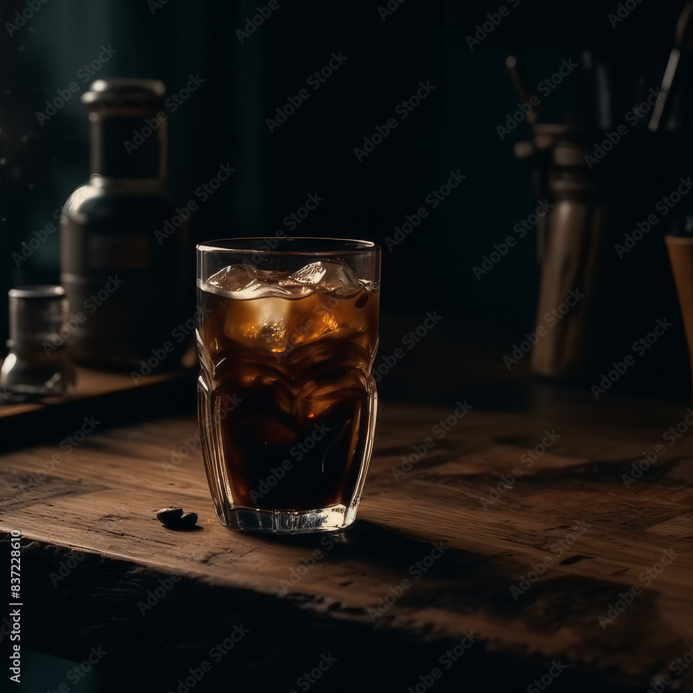 Refreshing cold coffee on rustic wooden table under cinematic lighting. Refreshing cold coffee on rustic wooden table under cinematic lighting.