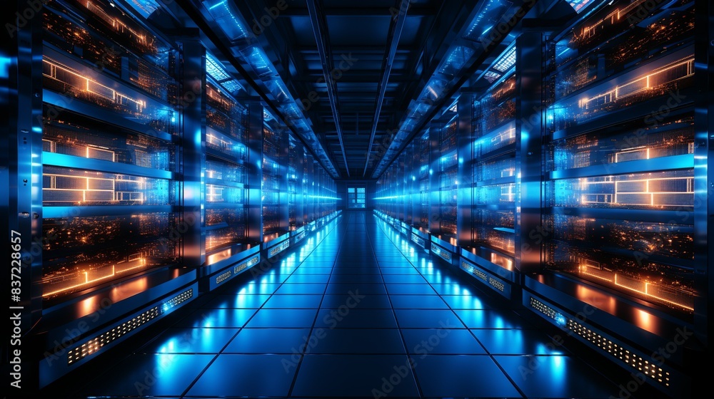 A high-resolution image of a data center with rows of servers, illuminated by blue LED lights, showcasing the backbone of modern technology and cybersecurity infrastructure. Minimal and Simple, A high-resolution image of a data center with rows of servers, illuminated by blue LED lights, showcasing the backbone of modern technology and cybersecurity infrastructure. Minimal and Simple,