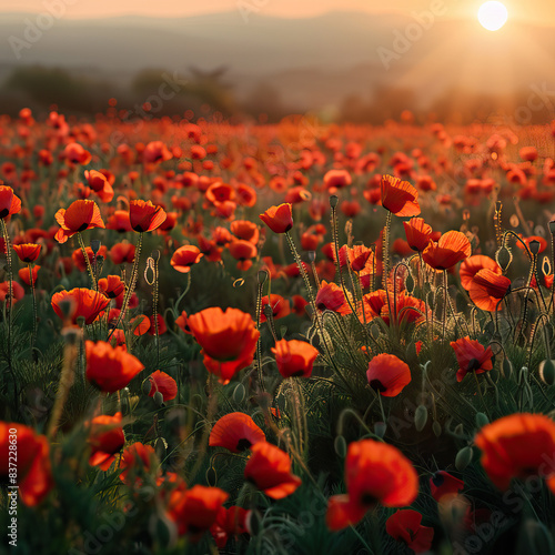 field of poppies in sunset