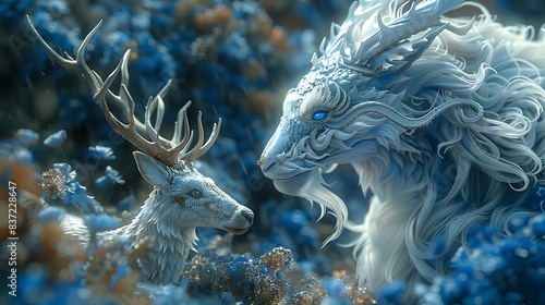 A noble dragon and a majestic stag on a solid bright sapphire background