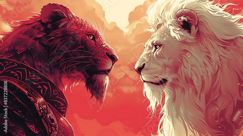 A noble dragon and a majestic lion on a solid bright coral pink background