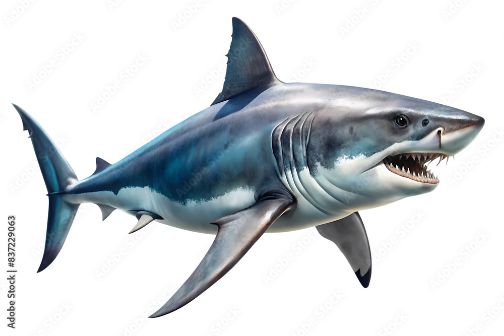 Obraz premium Great White Shark with Mouth Open on white background, PNG AI GENERATED