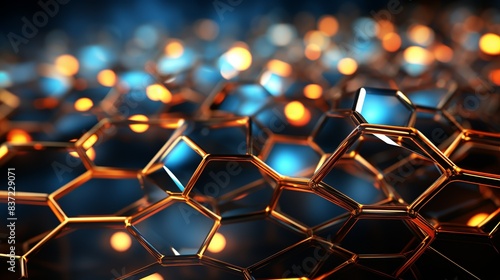 An abstract digital background with interconnected hexagons and flowing lines, representing the seamless integration of smart devices, innovative technology, and robust cybersecurity measures. photo