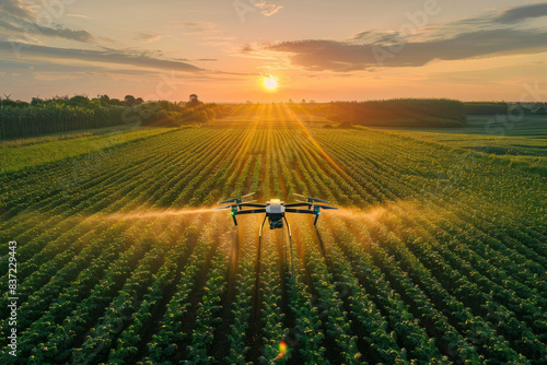 Dawn breaks as a drone casts shadows over a checkerboard of crops, revolutionizing agriculture.