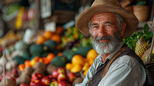 A friendly man with a straw hat selling colorful produce at a market.