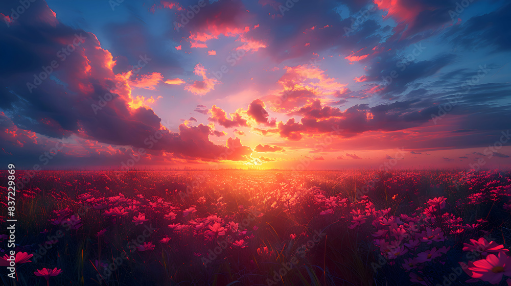 An ultra HD view of a nature savannah at sunrise, the sky glowing with vibrant colors and the grass bathed in golden light An ultra HD view of a nature savannah at sunrise, the sky glowing with vibrant colors and the grass bathed in golden light