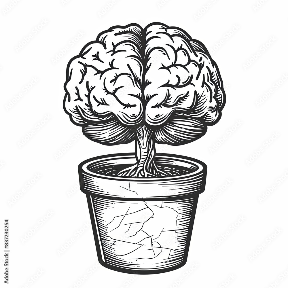 A human brain sprouting from a flower pot. Surrealistic conceptual art ...