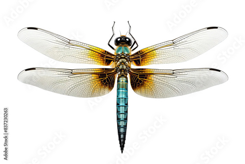 A close-up of a dragonfly with white wings and a blue body against a black background.