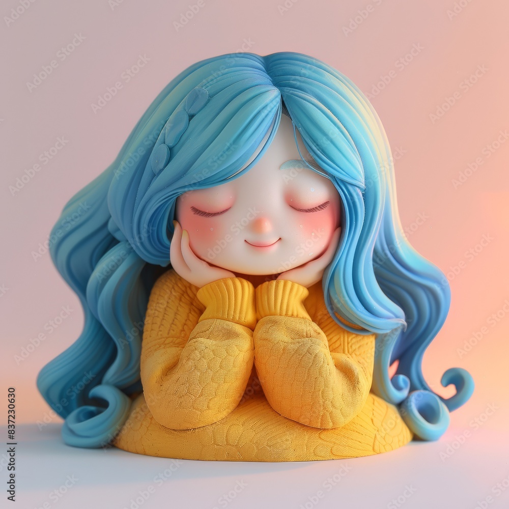 An adorable illustration of a cartoon female character with blue wavy hair wearing a yellow jacket is smiling with a face filled with lots of happiness and blushing cheeks. An adorable illustration of a cartoon female character with blue wavy hair wearing a yellow jacket is smiling with a face filled with lots of happiness and blushing cheeks.