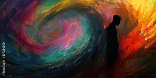 The Tempting Embrace - A shadowy figure, cloaked in darkness, beckons the unsuspecting individual towards an irresistible embrace, promising blissful oblivion amidst the swirling eddy of colored mist.