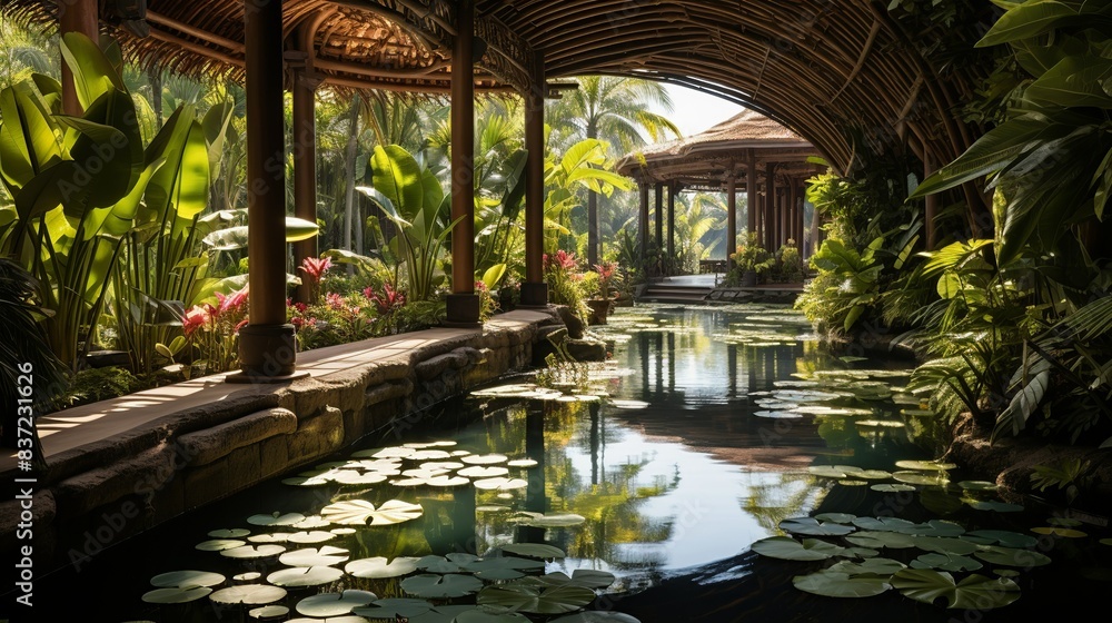 A tranquil pond surrounded by tropical foliage, with vibrant water lilies and floating lotus blossoms creating a serene and picturesque oasis in the heart of the jungle. Minimal and Simple, A tranquil pond surrounded by tropical foliage, with vibrant water lilies and floating lotus blossoms creating a serene and picturesque oasis in the heart of the jungle. Minimal and Simple,