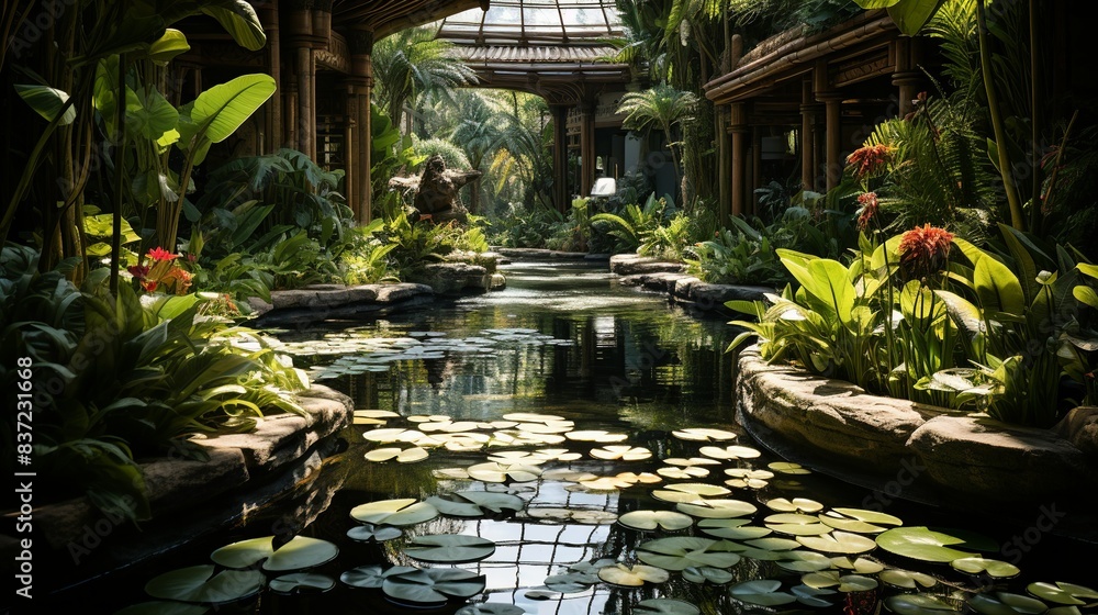 A tranquil pond surrounded by tropical foliage, with vibrant water lilies and floating lotus blossoms creating a serene and picturesque oasis in the heart of the jungle. Minimal and Simple, A tranquil pond surrounded by tropical foliage, with vibrant water lilies and floating lotus blossoms creating a serene and picturesque oasis in the heart of the jungle. Minimal and Simple,
