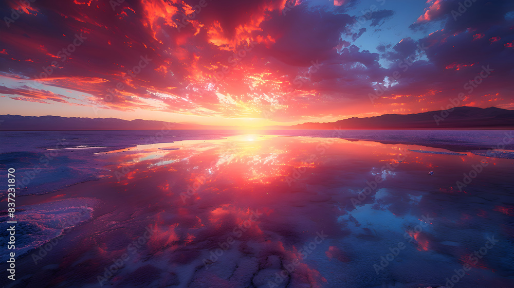 An ultra HD view of a nature sandbar at sunrise, the sky glowing with vibrant colors and the water reflecting the light An ultra HD view of a nature sandbar at sunrise, the sky glowing with vibrant colors and the water reflecting the light