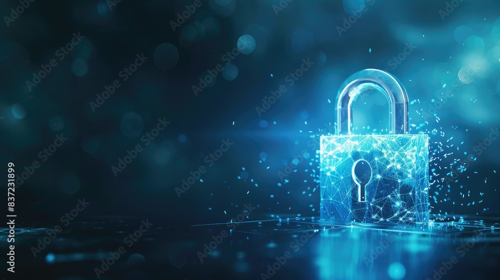 Abstract creative digital polygonal padlock hologram with mock up place, Protection and security concept, Data privacy Abstract creative digital polygonal padlock hologram with mock up place, Protection and security concept, Data privacy