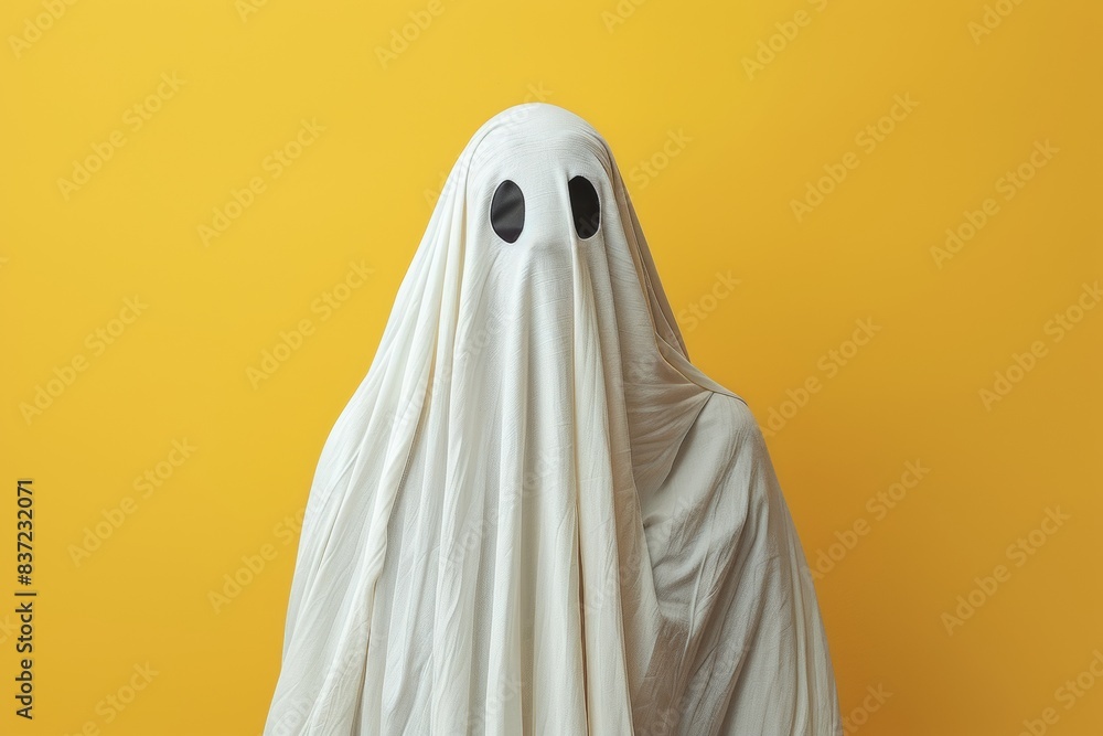 In this delightful 3D illustration mockup and rendering, a friendly ghost, adorned in a white sheet, stands in a charming scene against an isolated yellow background. In this delightful 3D illustration mockup and rendering, a friendly ghost, adorned in a white sheet, stands in a charming scene against an isolated yellow background.