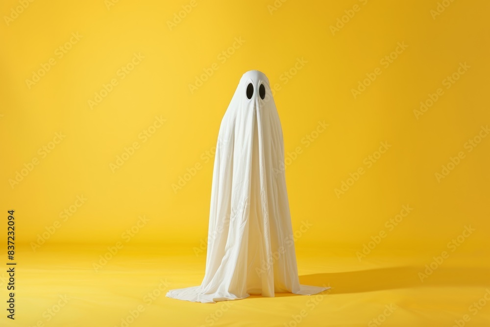 In this delightful 3D illustration mockup and rendering, a friendly ghost, adorned in a white sheet, stands in a charming scene against an isolated yellow background. In this delightful 3D illustration mockup and rendering, a friendly ghost, adorned in a white sheet, stands in a charming scene against an isolated yellow background.