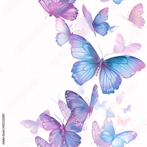 Seamless Pattern of Pastel-Colored Butterflies in Shades of Blue  Lavender  and Pink on a White Background  Evoking a Dreamy and Gentle Ambiance