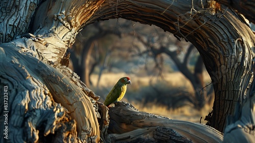 A solitary African parrot framed by the arching branches of an ancient tree. photo