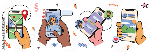 Vector doodle set of flat human hand with mobile phone screen. Diverse person hands holding smartphone and using social media, route map, chat message or gallery photo. Online video call communication
