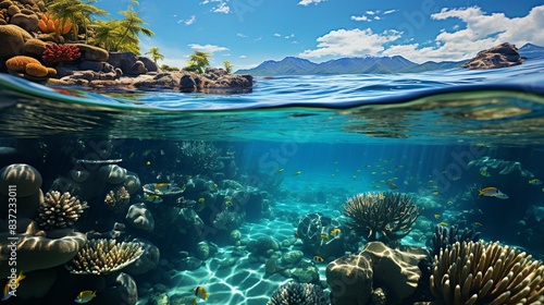 A panoramic view of a vibrant coral reef ecosystem  with colorful fish darting among intricate coral formations and vibrant marine life thriving in the warm tropical waters. Minimal and Simple 