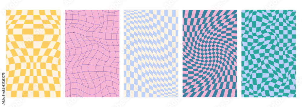 Psychedelic checkerboard background set with wavy grid tile. Checkered seamless geometric distorted pattern in groovy hippie 70s style. Chessboard vertical posters with warped texture in pastel colors Psychedelic checkerboard background set with wavy grid tile. Checkered seamless geometric distorted pattern in groovy hippie 70s style. Chessboard vertical posters with warped texture in pastel colors