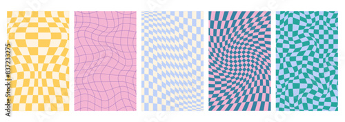Psychedelic checkerboard background set with wavy grid tile. Checkered seamless geometric distorted pattern in groovy hippie 70s style. Chessboard vertical posters with warped texture in pastel colors