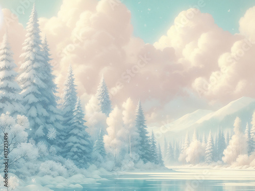 Winter landscape with snow and trees. AI