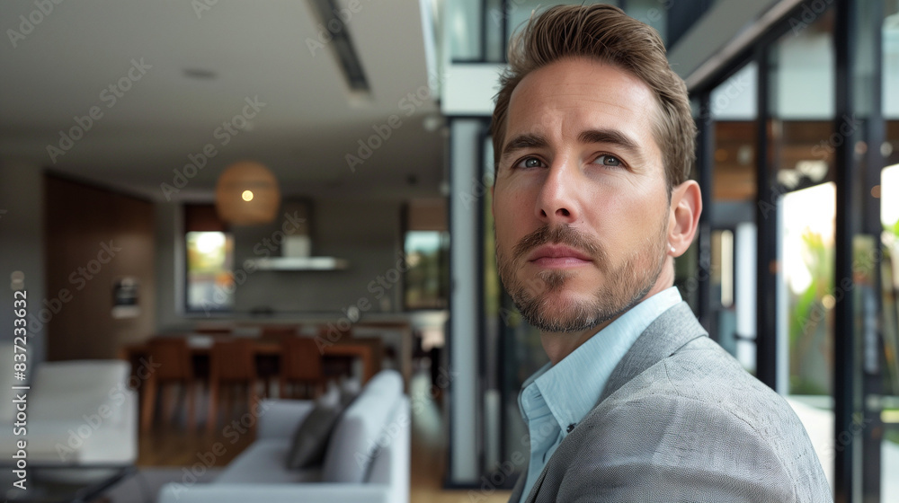 Businessman (engineer, architect, real estate agent, lawyer) standing in his house in living room Businessman (engineer, architect, real estate agent, lawyer) standing in his house in living room