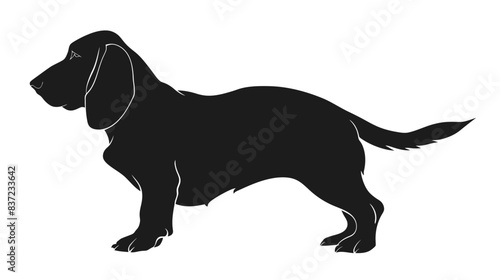 Vector black silhouette of a standing basset hound dog isolated on a white background