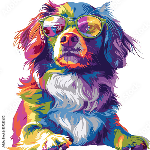 Vector a dog with sunglasses and a rainbow colored coat on a white background