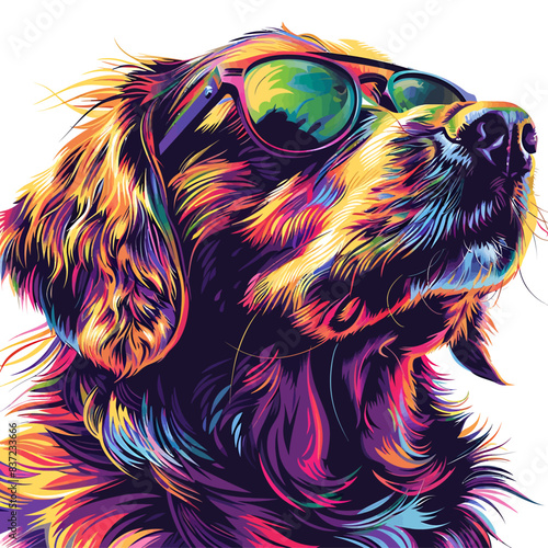 Vector a dog with sunglasses and a rainbow colored coat on a white background