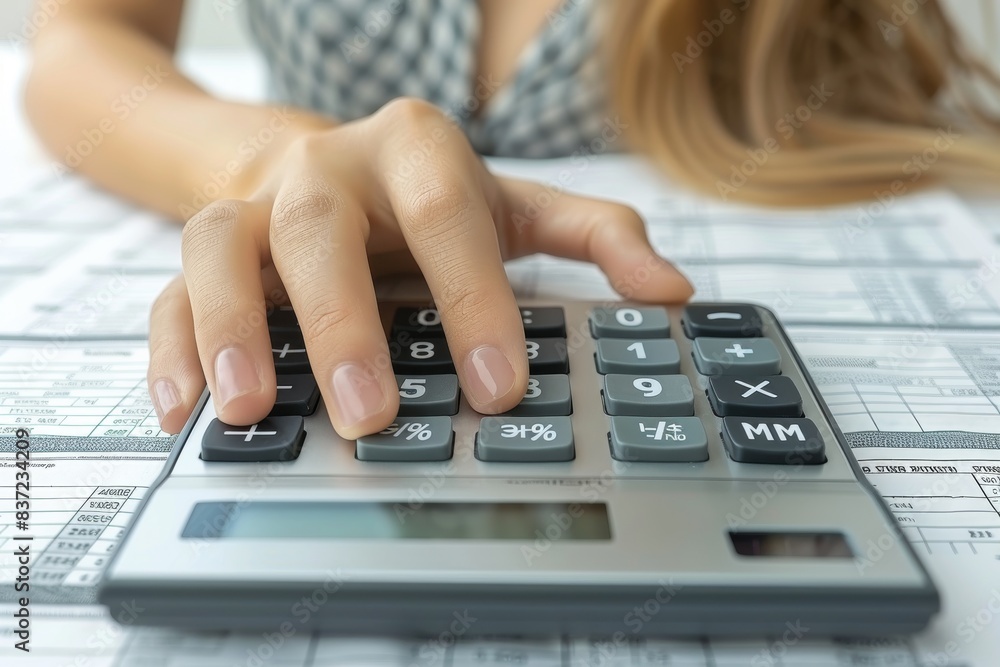 Woman Using Calculator on Sheet of Paper Woman Using Calculator on Sheet of Paper
