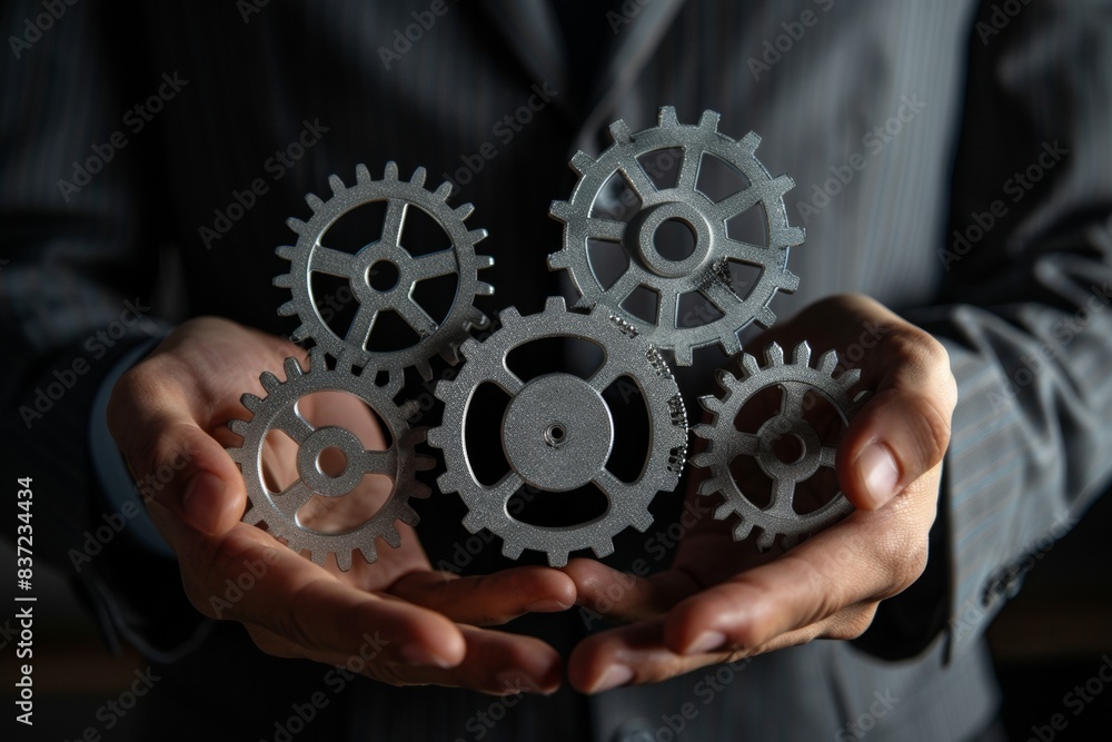 An illustration of a businessman holding some iron gears, which are the symbol of managing and planning the way to run his business efficiently. An illustration of a businessman holding some iron gears, which are the symbol of managing and planning the way to run his business efficiently.