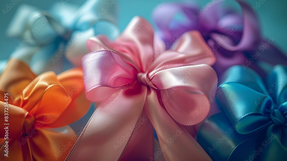 Vibrant bows in various colors against a blue backdrop Vibrant bows in various colors against a blue backdrop