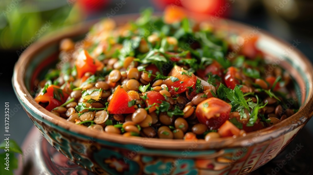 Bundle of moroccan harira salad with lentils and tomatoes