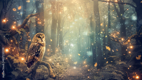 Enchanted forest with twinkling lights and an owl photo