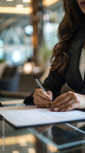 Close-up of an elegantly dressed female lawyer taking notes on white paper in a well-lit, sophisticated law office. © PhotoRK