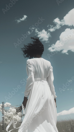 Graceful lady in a white gown with flowers in hand stands in a field under a cloudy sky, exuding a sense of calm and serenity
