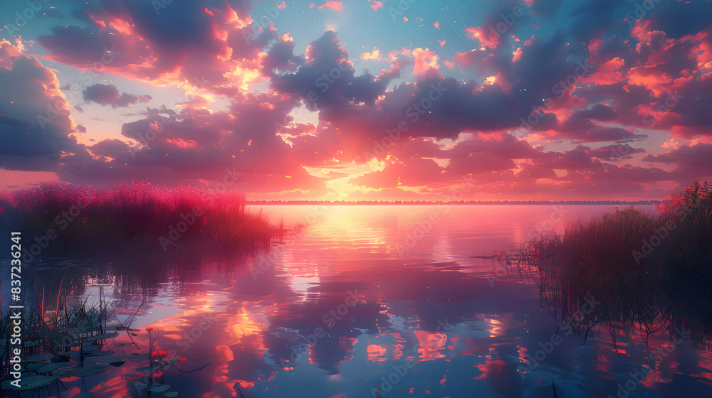 An ultra HD view of a nature lagoon at sunrise, the sky glowing with vibrant colors and the water reflecting the light An ultra HD view of a nature lagoon at sunrise, the sky glowing with vibrant colors and the water reflecting the light