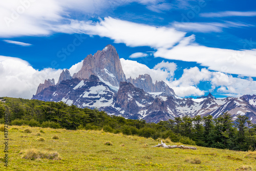 El Chalten Patagonia mountain landscapes. Mount Fitz Roy beautiful granite rock summit in Argentina. Los Glaciares national park in Argentina with stunning view of the lake with icebergs floating ice