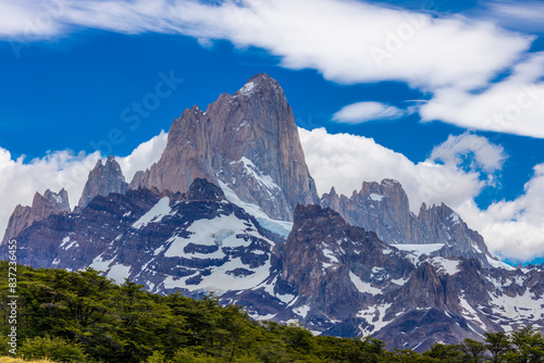 El Chalten Patagonia mountain landscapes. Mount Fitz Roy beautiful granite rock summit in Argentina. Los Glaciares national park in Argentina with stunning view of the lake with icebergs floating ice