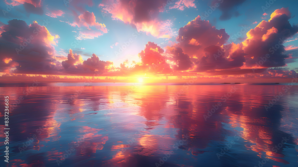 An ultra HD view of a nature atoll at sunrise, the sky glowing with vibrant colors and the water reflecting the light An ultra HD view of a nature atoll at sunrise, the sky glowing with vibrant colors and the water reflecting the light